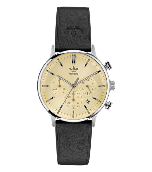 Adidas elegant blue watch featuring a sleek design, captured at a 40-degree angle, showcasing a stylish sporty dial and strap