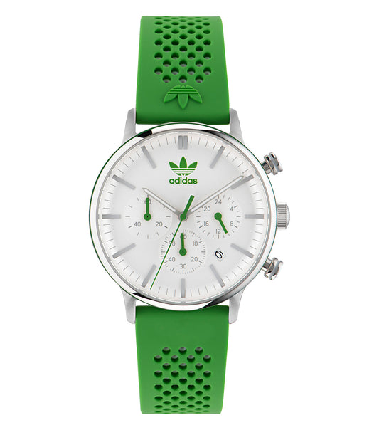 Adidas green watch viewed from a 40-degree angle showcasing its sleek design, durable strap, and vibrant dial color.