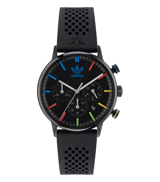 Adidas black watch with a sleek minimalist design, front angle showcasing its round dial and durable strap, ideal for style lovers.