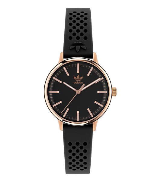Sleek Adidas black watch with minimalist design, angled showcasing side clasp, round dial; epitome of modern elegance.