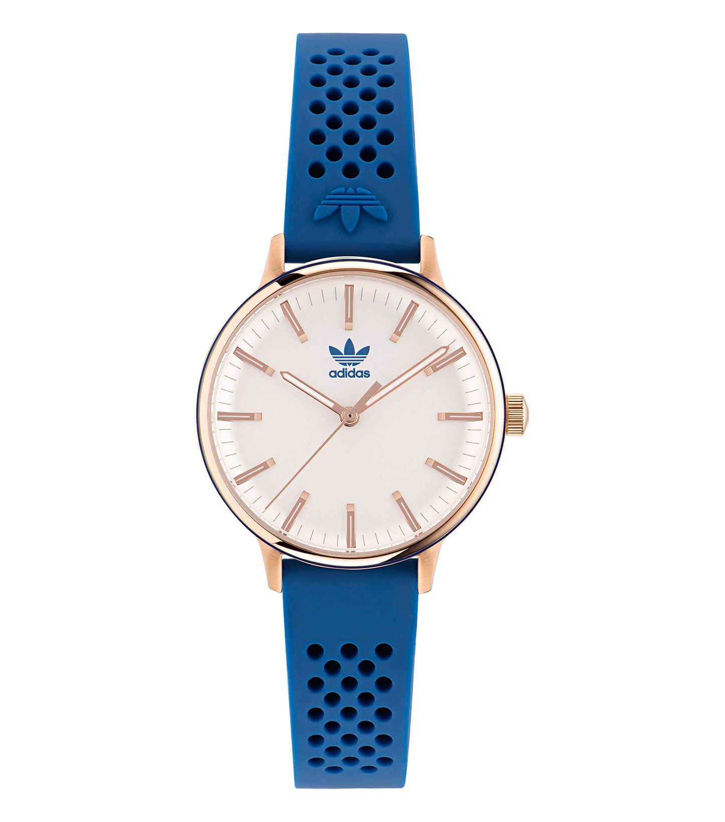 Adidas blue watch showcasing a round face and metallic strap, angled slightly from the front, with a sleek design and elegant finish.