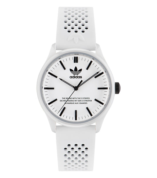 Adidas white watch at a 40-degree angle, featuring sleek design, round dial, silver hour markers, and durable strap.