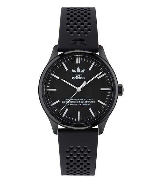 Sleek black Adidas wristwatch showcasing a classic design, angled to highlight its elegant face and sporty strap elements.