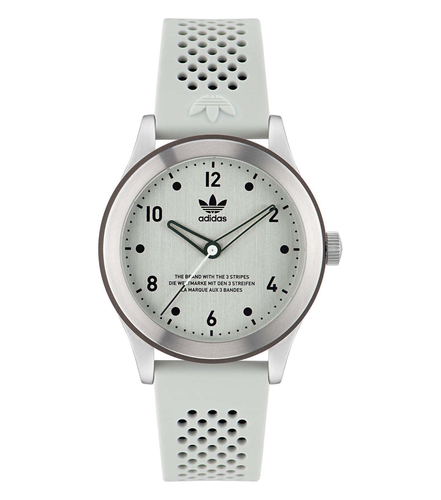 Adidas white watch at a 45-degree angle showcasing its sleek dial and iconic logo, embodying sporty elegance and precision.