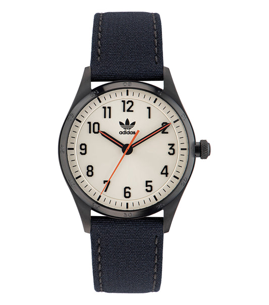 Adidas watch in four colors with a casual design, front angle, showcasing the easygoing flow and style for enthusiasts.