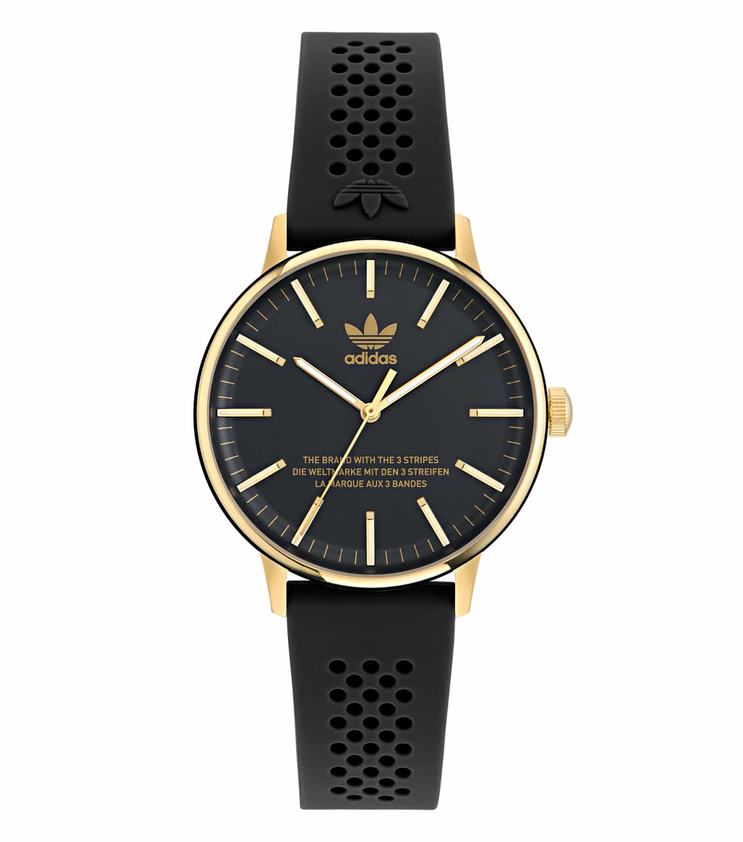 Adidas quartz watch with a gray dial and black accents, angled from the right, showcasing an elegant minimalist design.