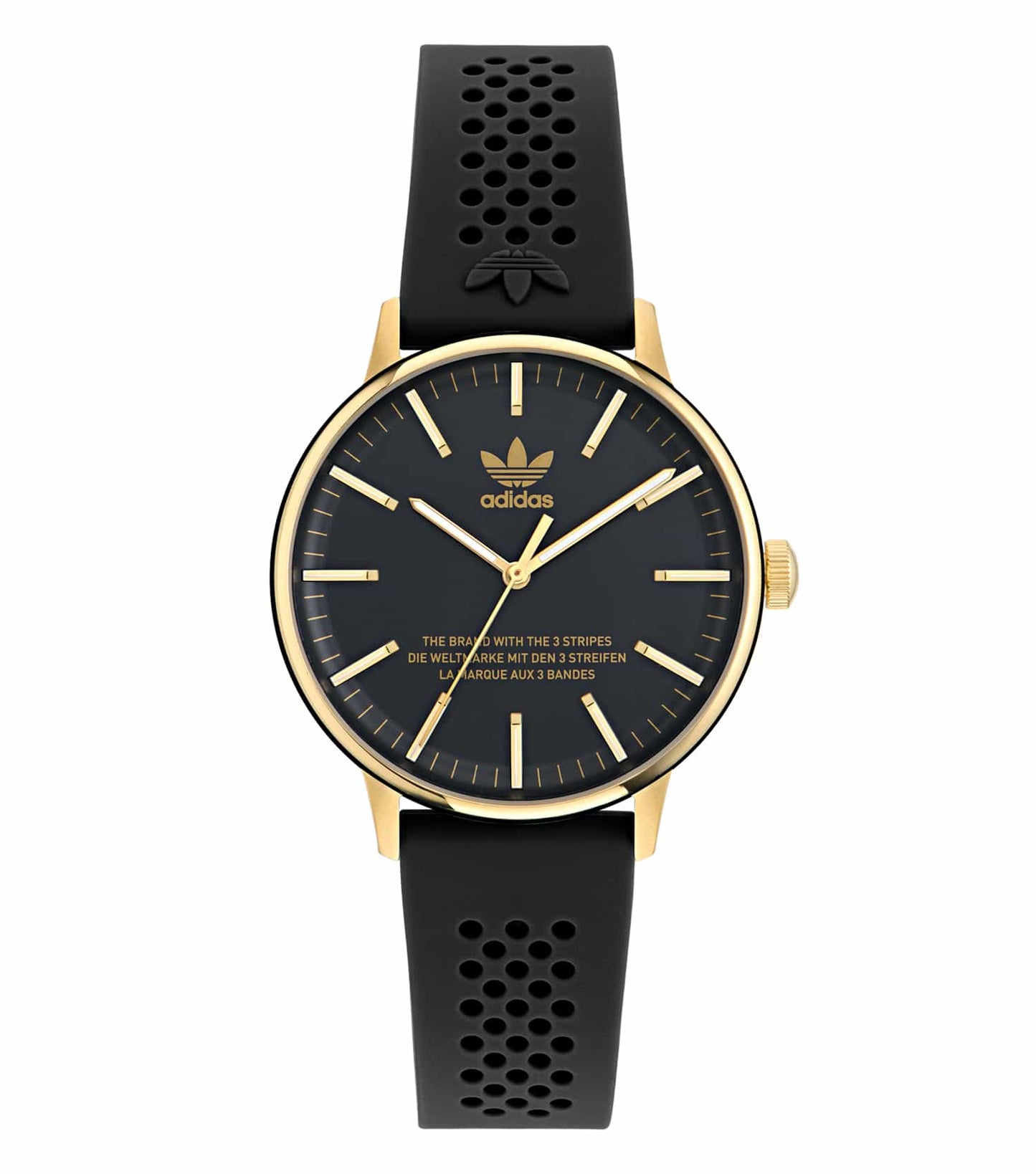 Adidas quartz watch with a gray dial and black accents, angled from the right, showcasing an elegant minimalist design.