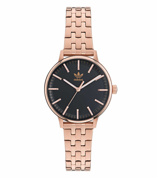 Adidas black watch with sleek design and black silicon strap displayed at a flat angle, showcasing modern minimalist style.