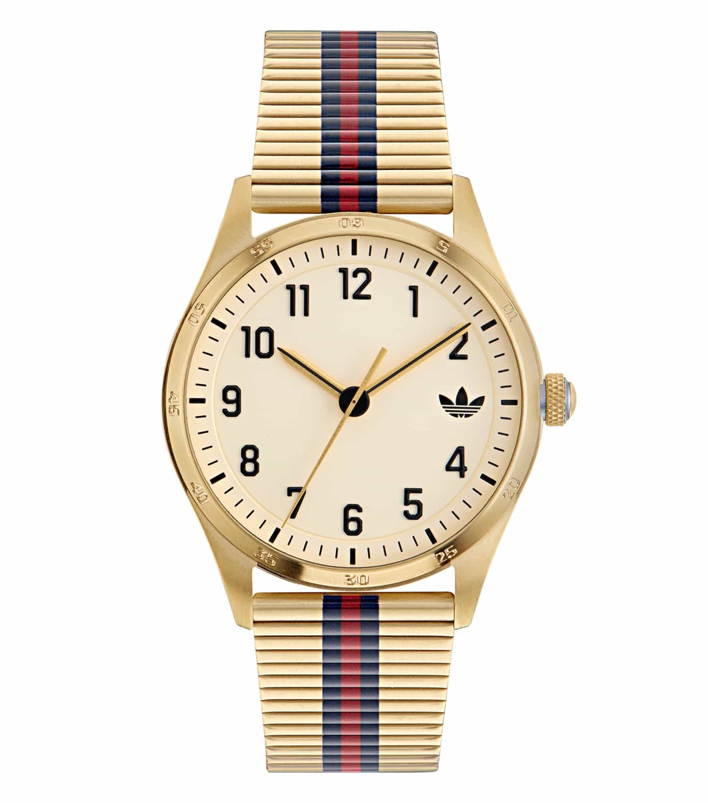 Adidas watch in a vibrant blue tone, angled slightly from the left showcasing a minimalist design and round dial against a plain backdrop.