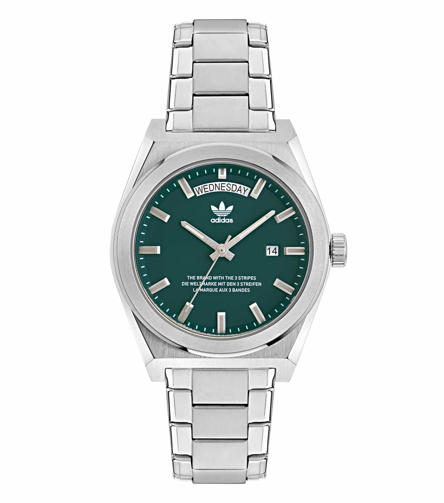 Adidas monochrome watch, side angle view, showcasing a sleek black color, bold design, and durable strap for active lifestyles.