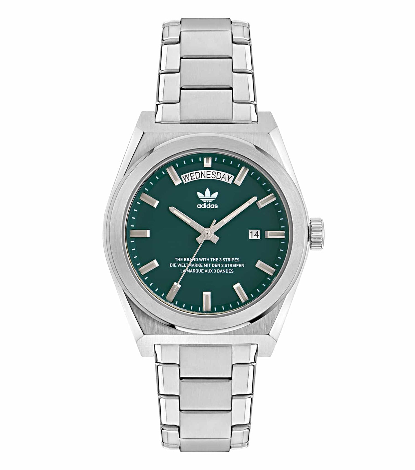 Adidas monochrome watch, side angle view, showcasing a sleek black color, bold design, and durable strap for active lifestyles.