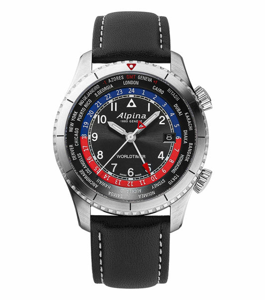 Alpina black watch with leather strap viewed at an angle displaying its elegant circular dial and intricate detailing.
