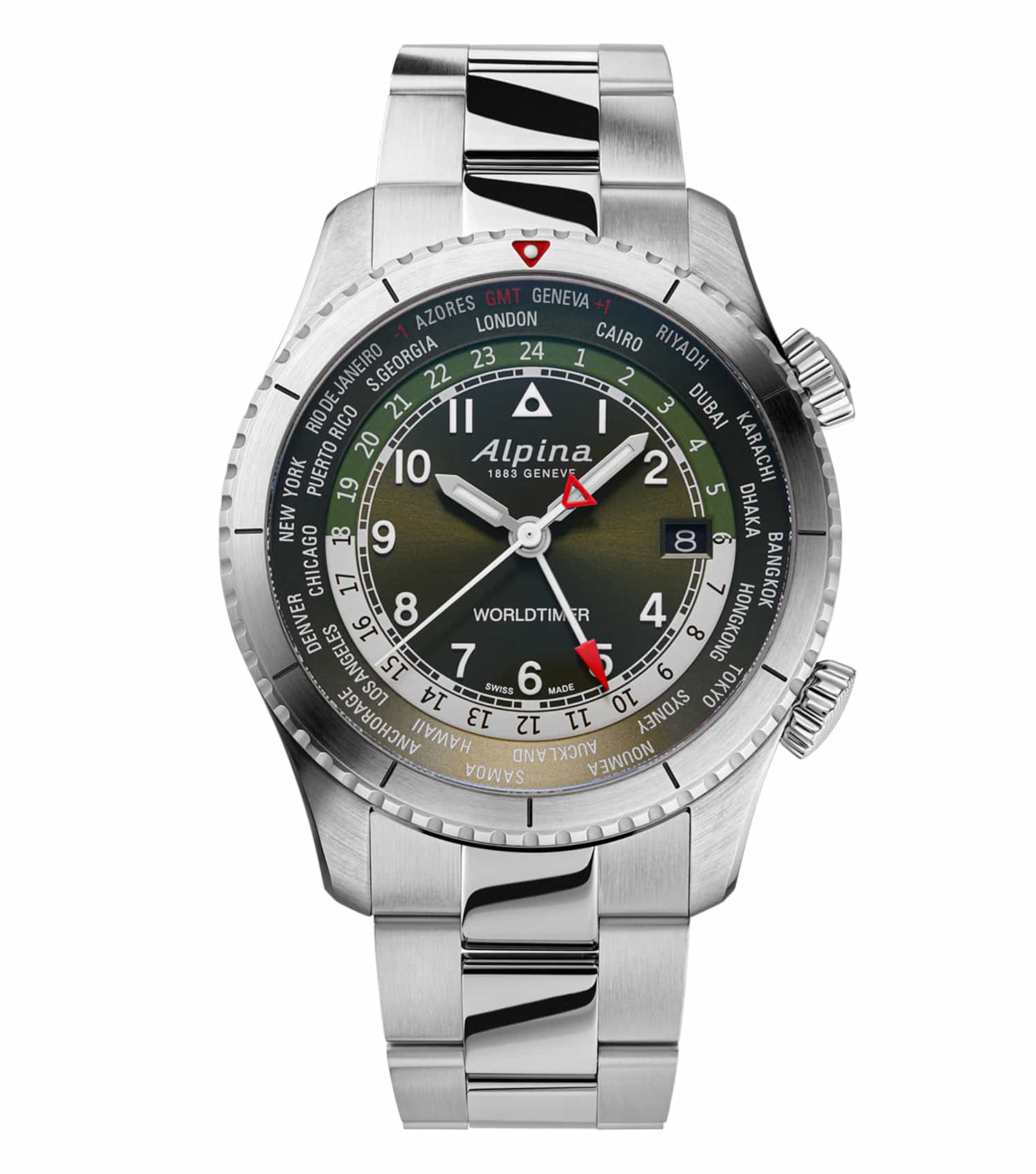 Alpina watch in black color, displayed at a slightly tilted angle showcasing intricate detailing, exudes timeless elegance.