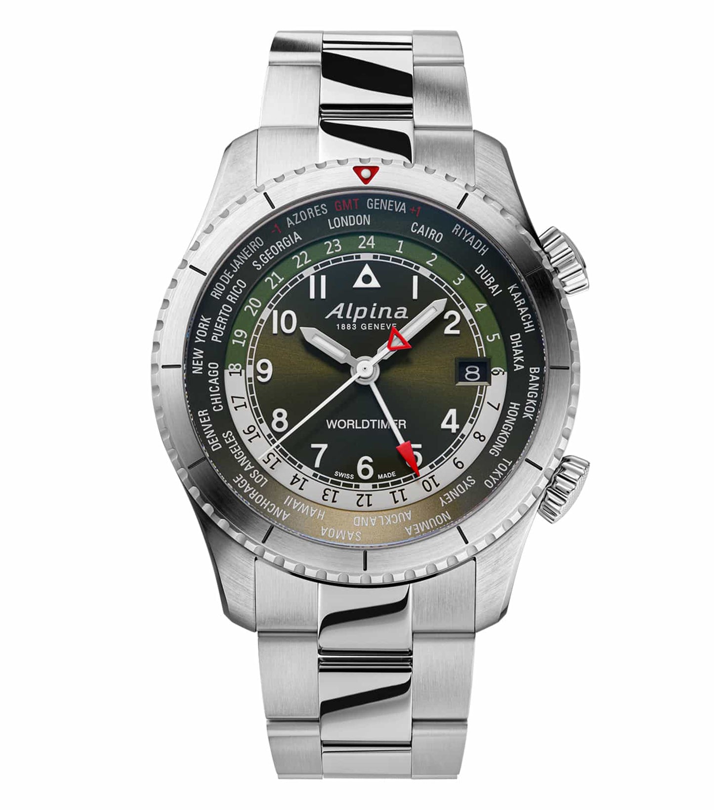 Alpina watch in black color, displayed at a slightly tilted angle showcasing intricate detailing, exudes timeless elegance.