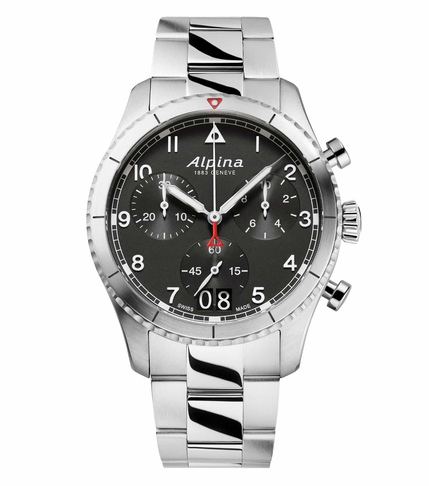 Alpina quartz watch, silver tone, with chronograph face, displayed at a 45-degree angle, exuding elegance and precision.