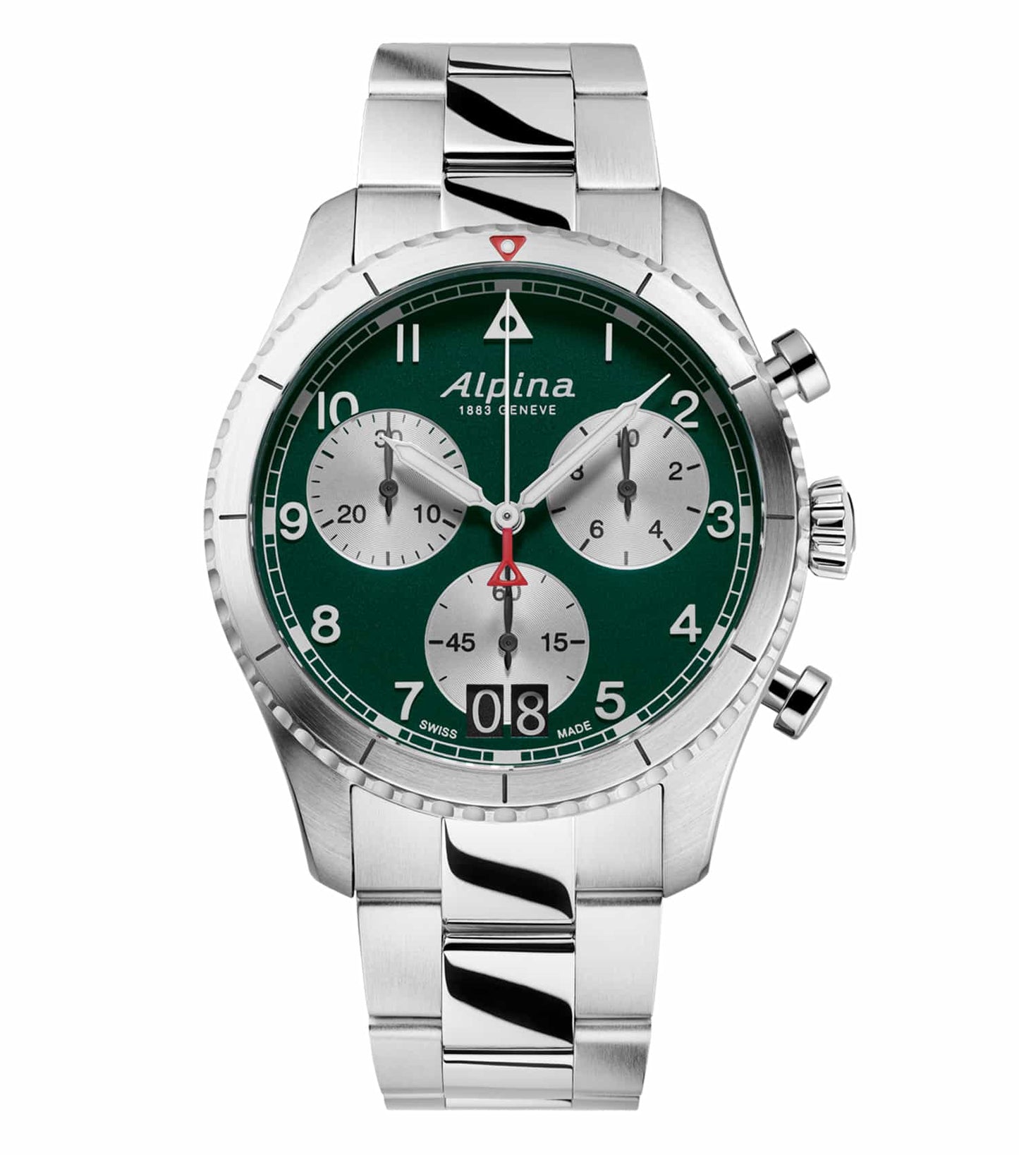 Alpina watch in classic silver with quartz color dial, featuring a sleek design at a 45-degree angle, showcasing exquisite craftsmanship.