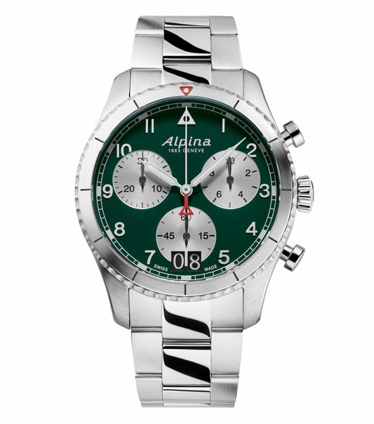 Alpina watch in classic silver with quartz color dial, featuring a sleek design at a 45-degree angle, showcasing exquisite craftsmanship.