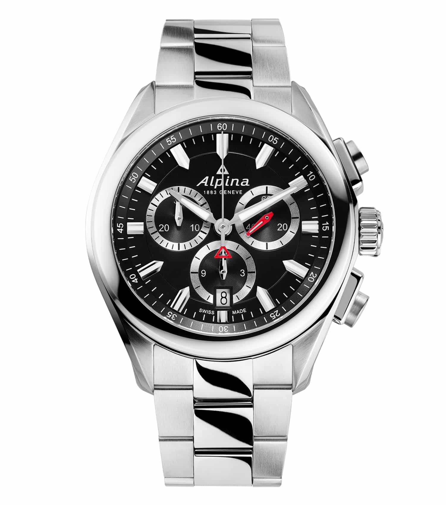 Alpina watch in silver quartz on white background, angled to showcase detailed face and hands; sleek design appeals to enthusiasts.