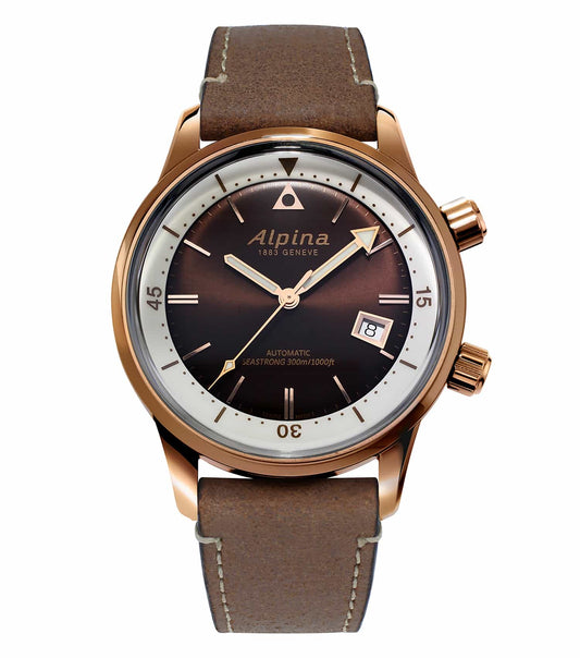 Alpina heritage watch in a rich brown color, 42mm with leather strap, side angle view showcasing intricate detailing.