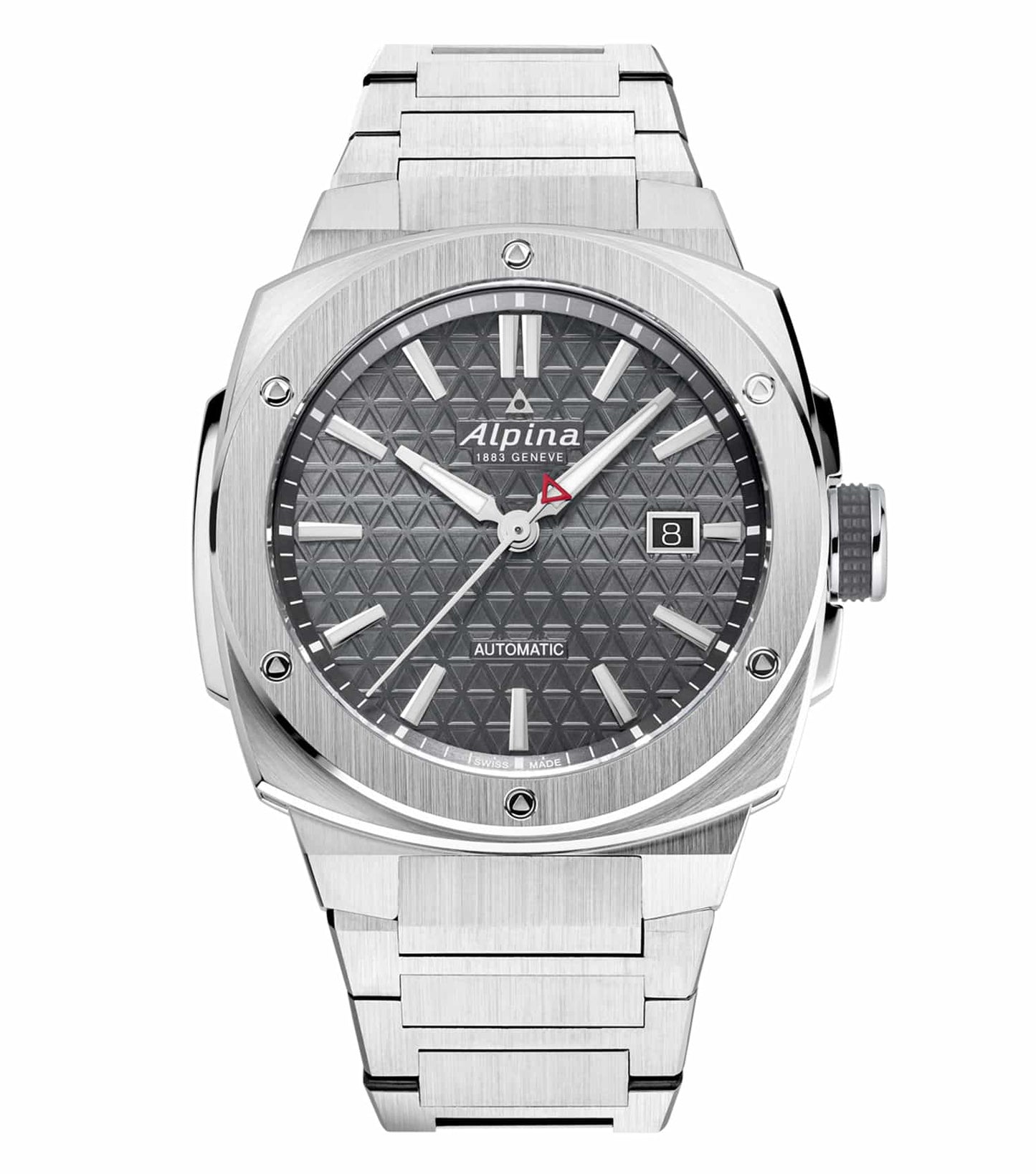 A sleek Alpina watch in grey, shown at a slightly tilted angle, highlighting its sophisticated design and craftsmanship.