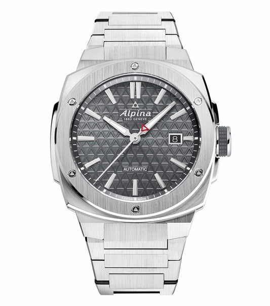 A sleek Alpina watch in grey, shown at a slightly tilted angle, highlighting its sophisticated design and craftsmanship.