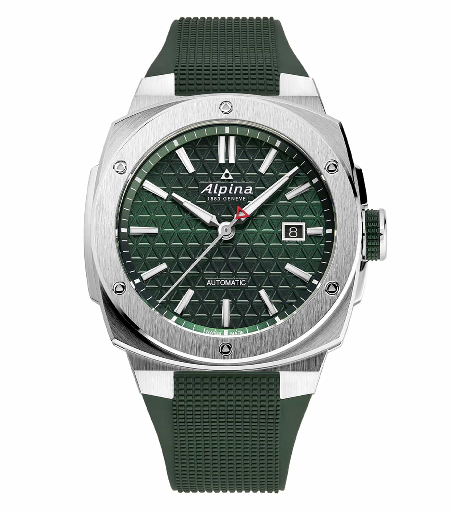 Alpina Black Watch - Front Angle View, Showcasing Elegant Design with Black Dial and Strap, Perfect for Watch Enthusiasts