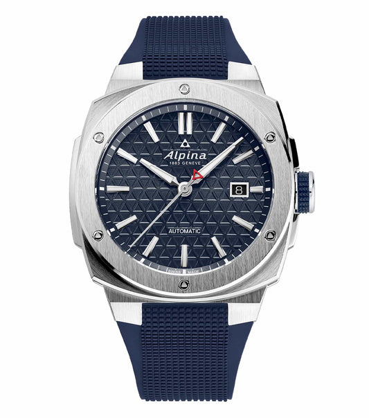 Alpina blue watch at a striking 41mm face, showcasing sleek design, angled to highlight polished bezel and intricate dial details.