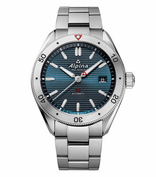 Blue Alpina watch with silver dial and stainless steel band, angled to show elegant design, perfect for luxury lovers.
