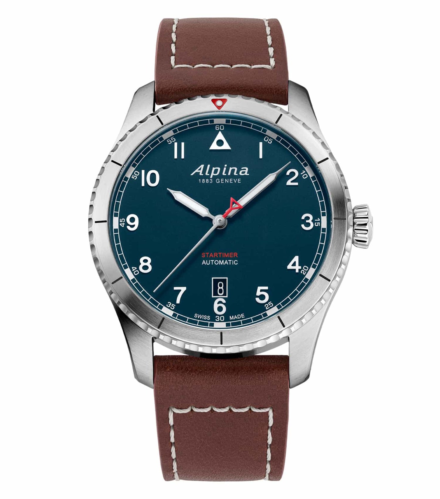 Alpina blue watch angled left with leather strap and classic dial; a blend of elegance and precision in timekeeping.