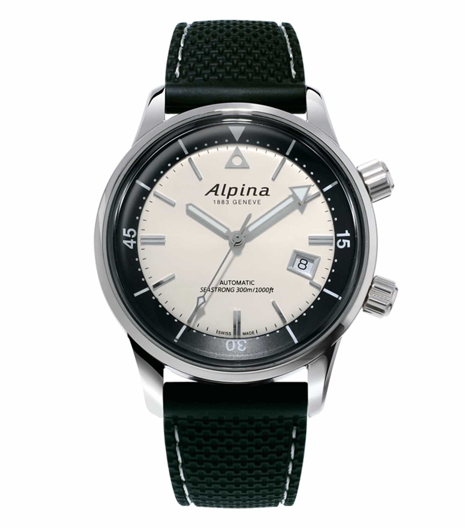 Alpina white watch with black strap, photographed at a 3 o'clock angle, showcasing sleek design and passion for timepieces.