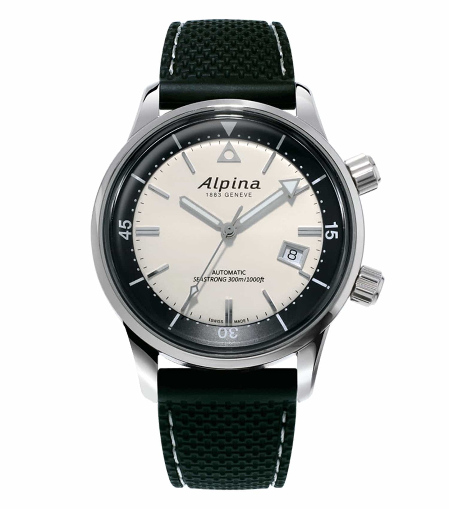 Alpina white watch with black strap, photographed at a 3 o'clock angle, showcasing sleek design and passion for timepieces.