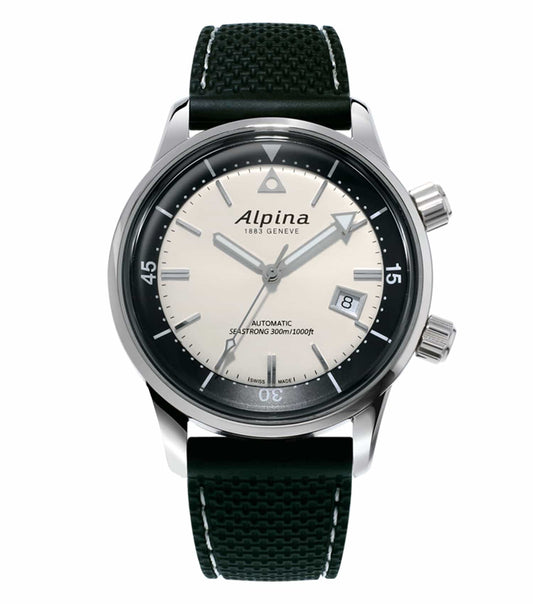 Alpina white watch with black strap, photographed at a 3 o'clock angle, showcasing sleek design and passion for timepieces.