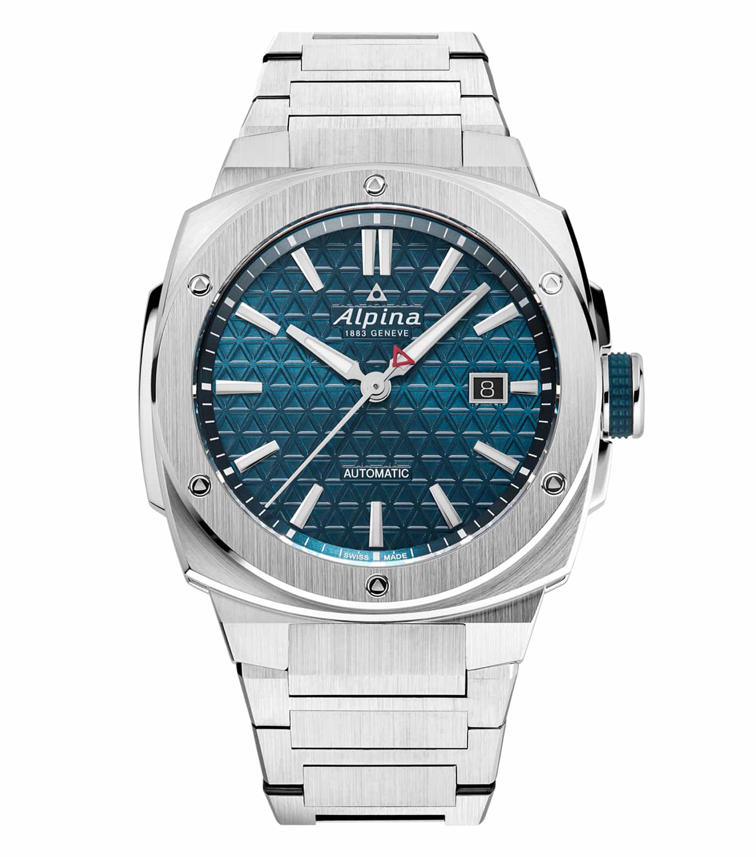 Watch face close-up at an angle, Alpina brand, Black/White color scheme, showcasing intricate detailing and striking design.