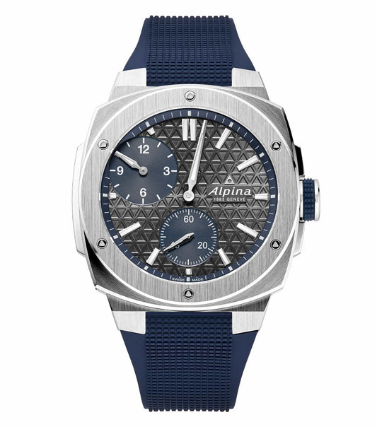 Grey Alpina watch with easygoing flow, angled view; silver accents; stylish design showcasing elegance and craftsmanship