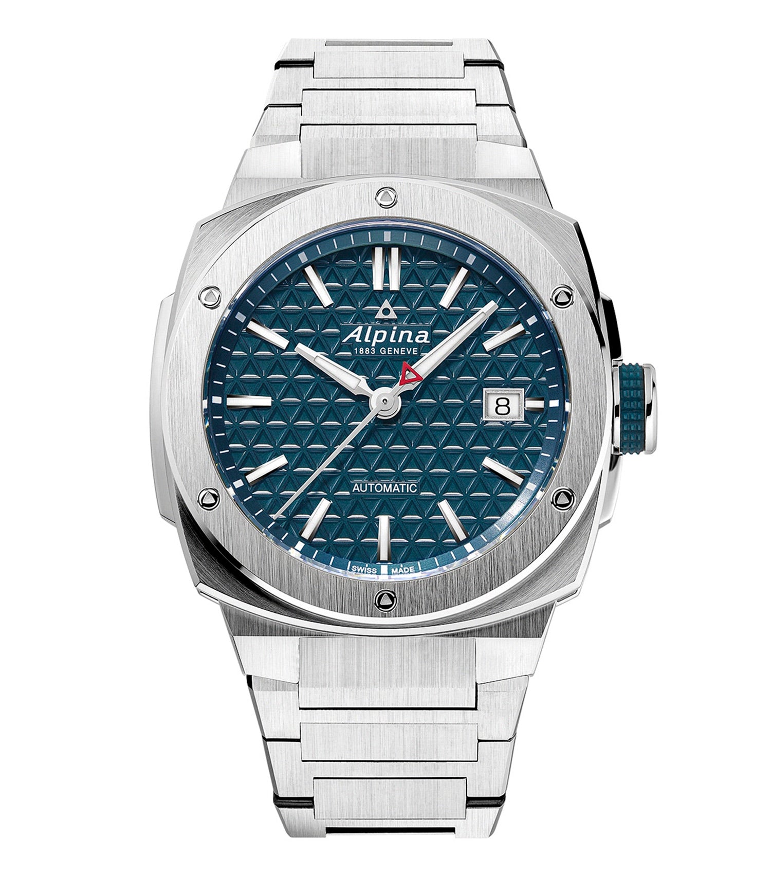Alpina blue watch featuring a round face, black leather strap, photographed at an angled side view showcasing its elegant design.