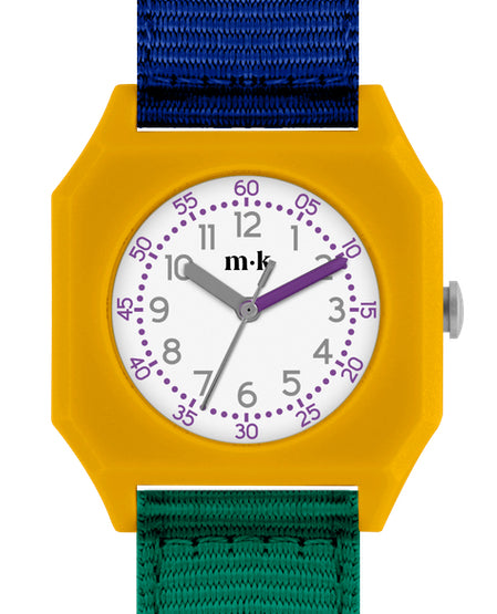 Mini Kyomo banana color watch, square face, leather strap view from above, showcasing sleek design and vibrant hue