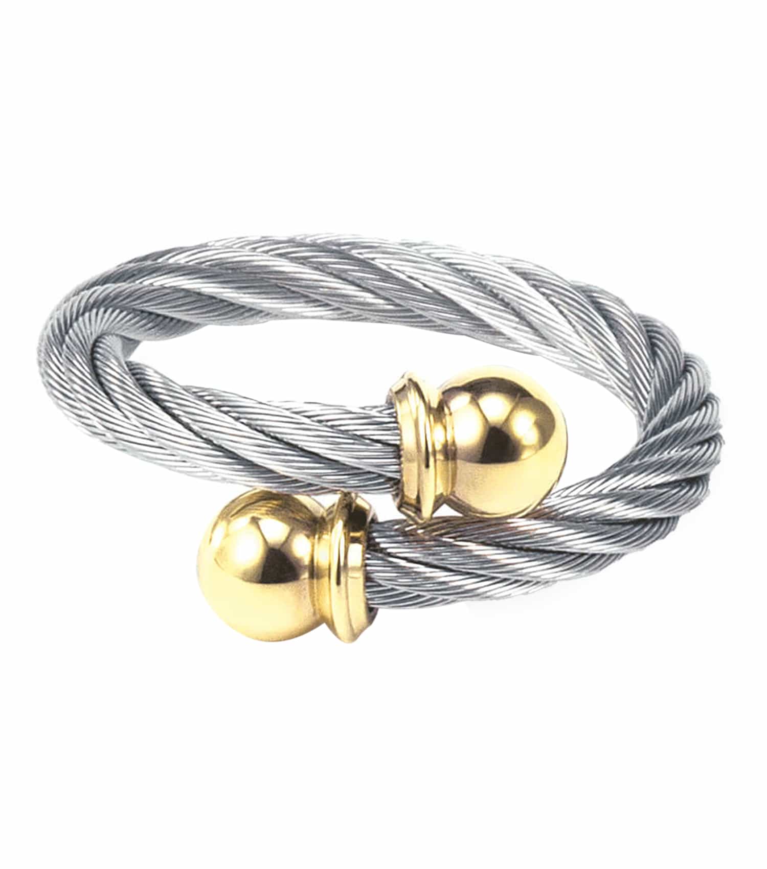 Charriol steel-colored ring showcasing a sleek, circular design shot from a top angle with subtle texture detailing.