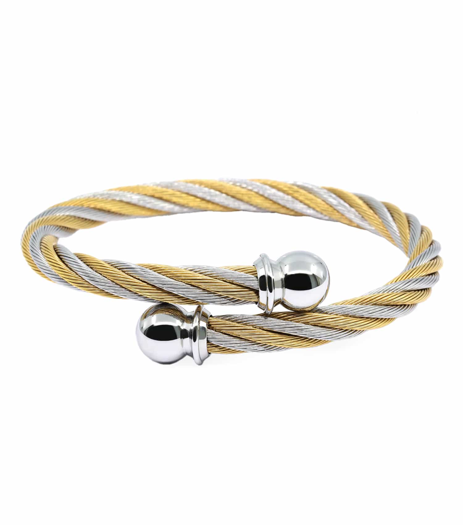 Charriol steel color bangle with twisted cable design, front angle view showing elegant and timeless metal craftsmanship.