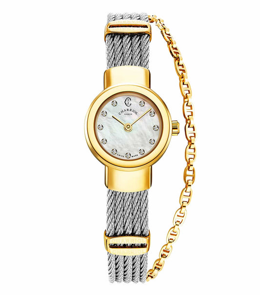 Charriol steel watch with cable detailing, elegant face and sleek design, angled left showcasing the refined craftsmanship.