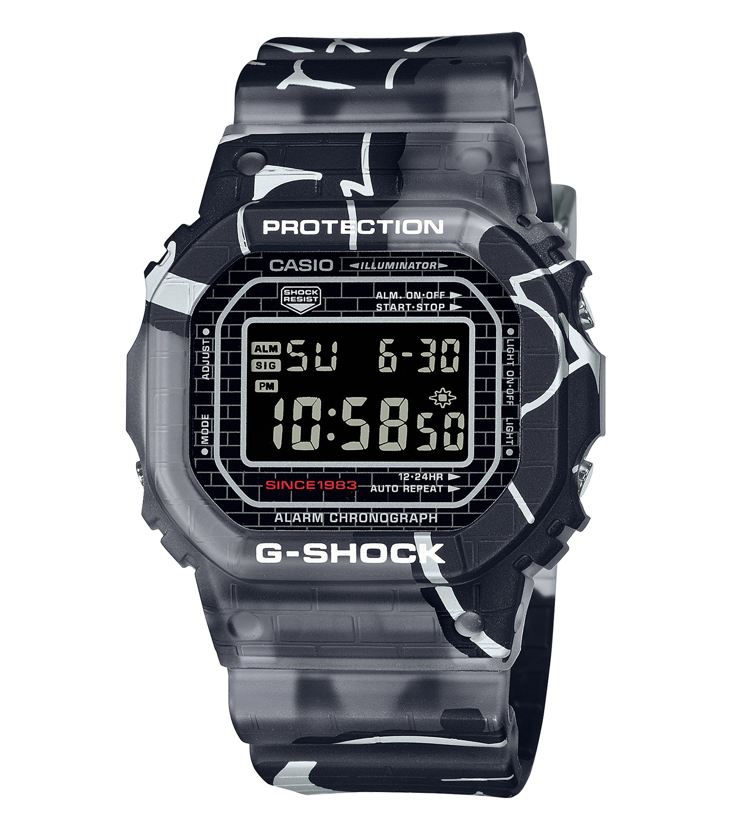 Casio graffiti color digital watch, front view, displaying intricate design and vivid hues, highlighting urban, trendy style.