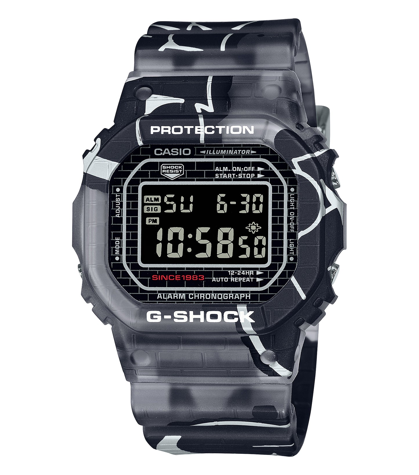 Casio graffiti color digital watch, front view, displaying intricate design and vivid hues, highlighting urban, trendy style.