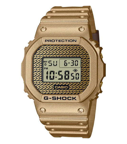 Gold Casio watch in side angle showcasing elegant design, resin band, digital display, and distinct textured patterns.