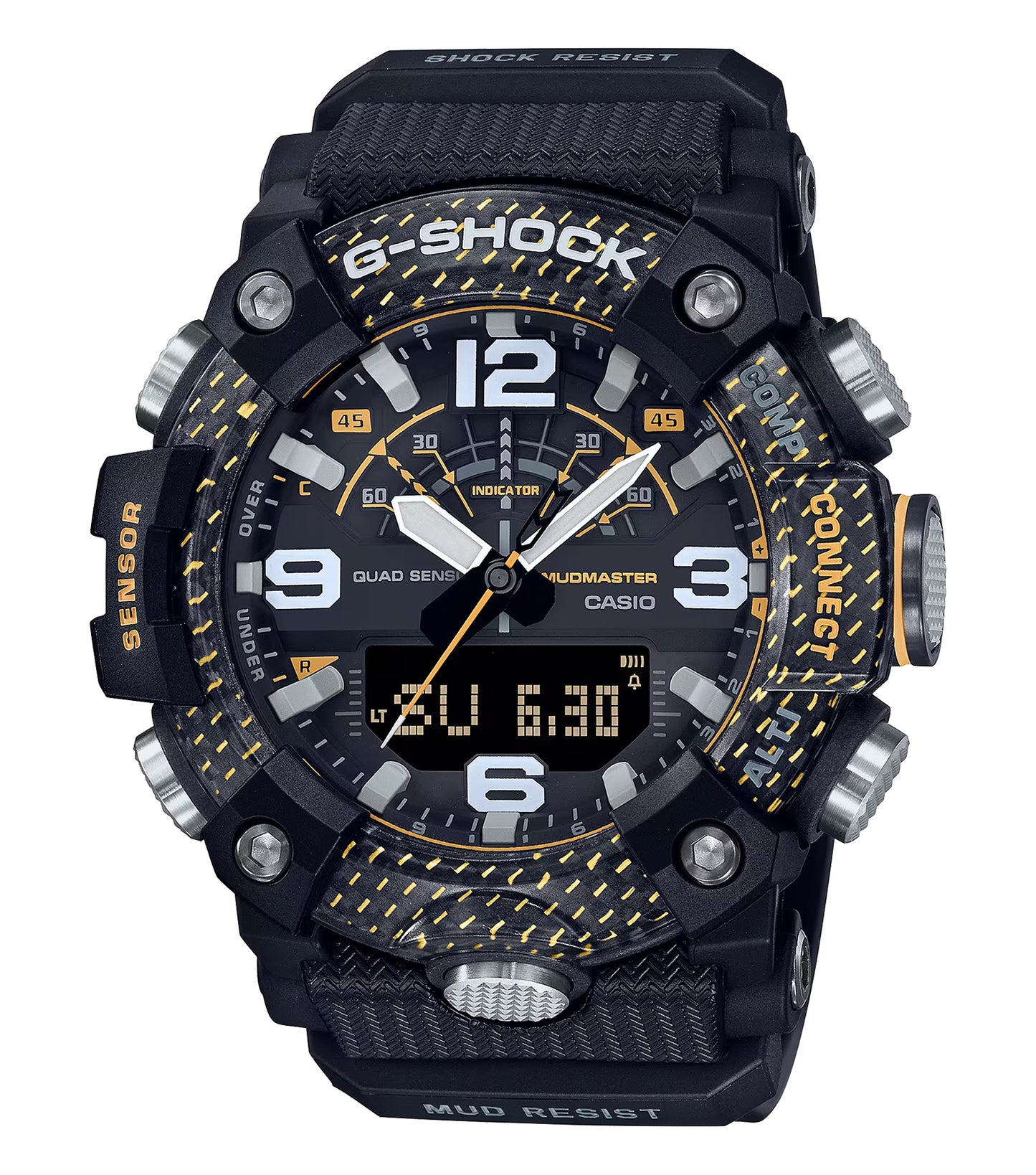 Casio black watch displaying durability and precision, angled slightly forward with visible details showcasing its rugged design.