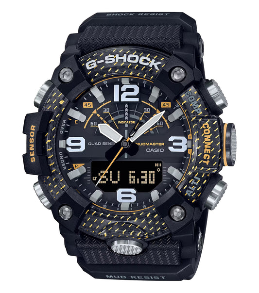 Casio black watch displaying durability and precision, angled slightly forward with visible details showcasing its rugged design.