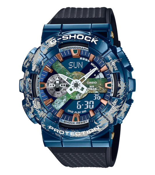 Casio metal watch showcasing vibrant Earth-inspired colors, angled upward to highlight its intricate design details, a must-see for enthusiasts.