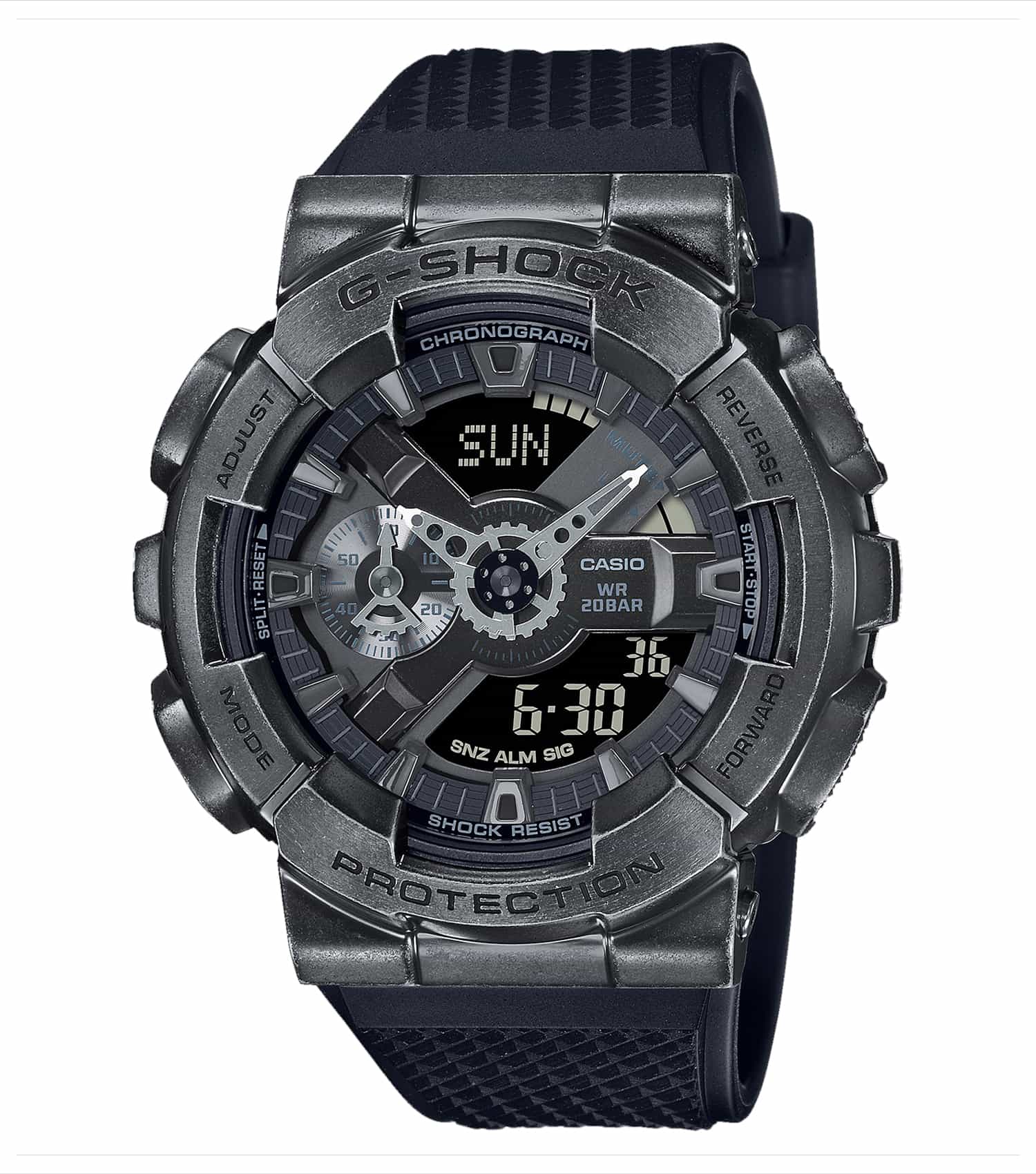 Casio black watch with distinctive gold accents, front angle, showcasing sleek design and precise craftsmanship.