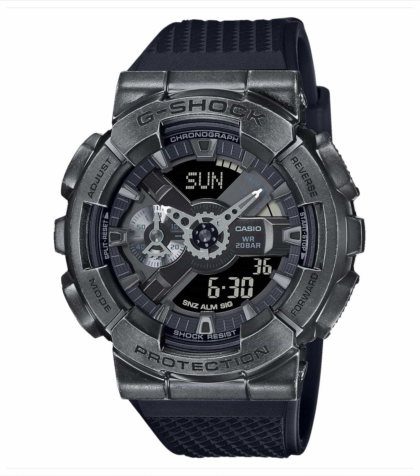 Casio black watch with distinctive gold accents, front angle, showcasing sleek design and precise craftsmanship.