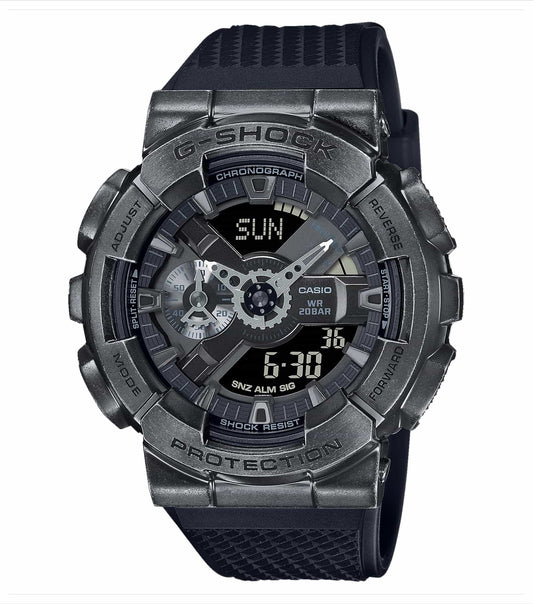 Casio black watch with distinctive gold accents, front angle, showcasing sleek design and precise craftsmanship.