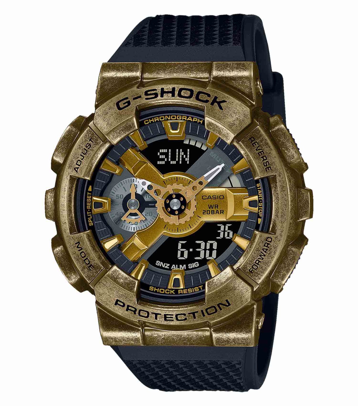 Casio gold watch angled at 45 degrees, showcasing intricate dial details with contrasting black strap, exuding timeless elegance.