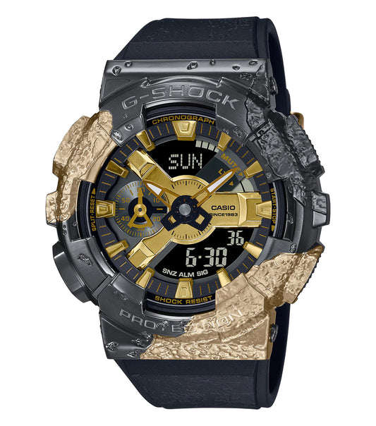 Casio black watch with a sleek design, displayed at a slight angle showcasing its intricate face and metal band detail.